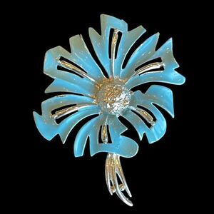 Vintage 1960’s Light Blue Enamel Large Flower Silver Tone Pin Brooch Retro